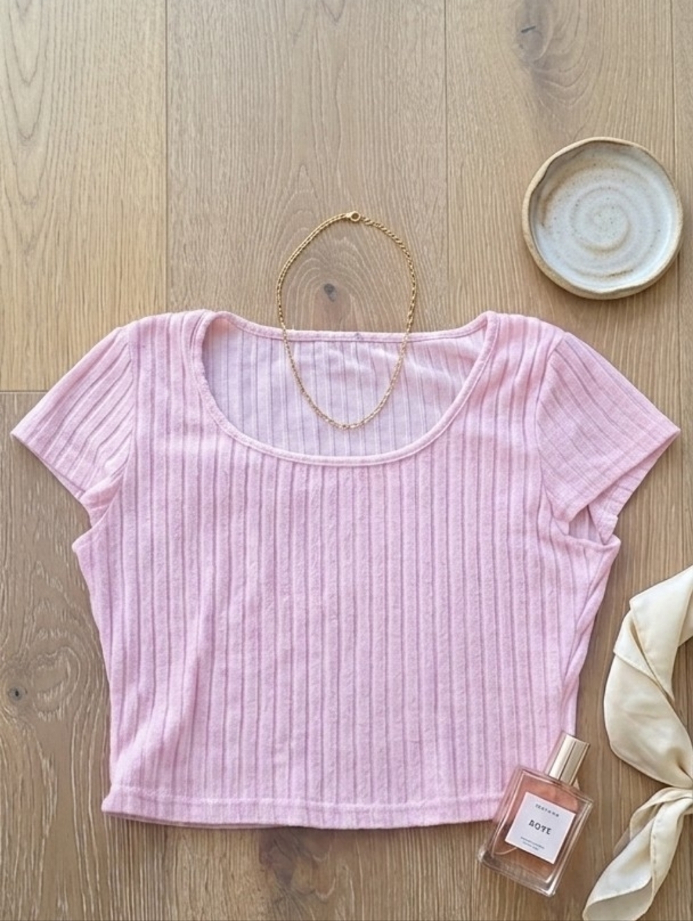 Pastel Pink Ribbed Crop Top - Size L - Soft Girly Aesthetic